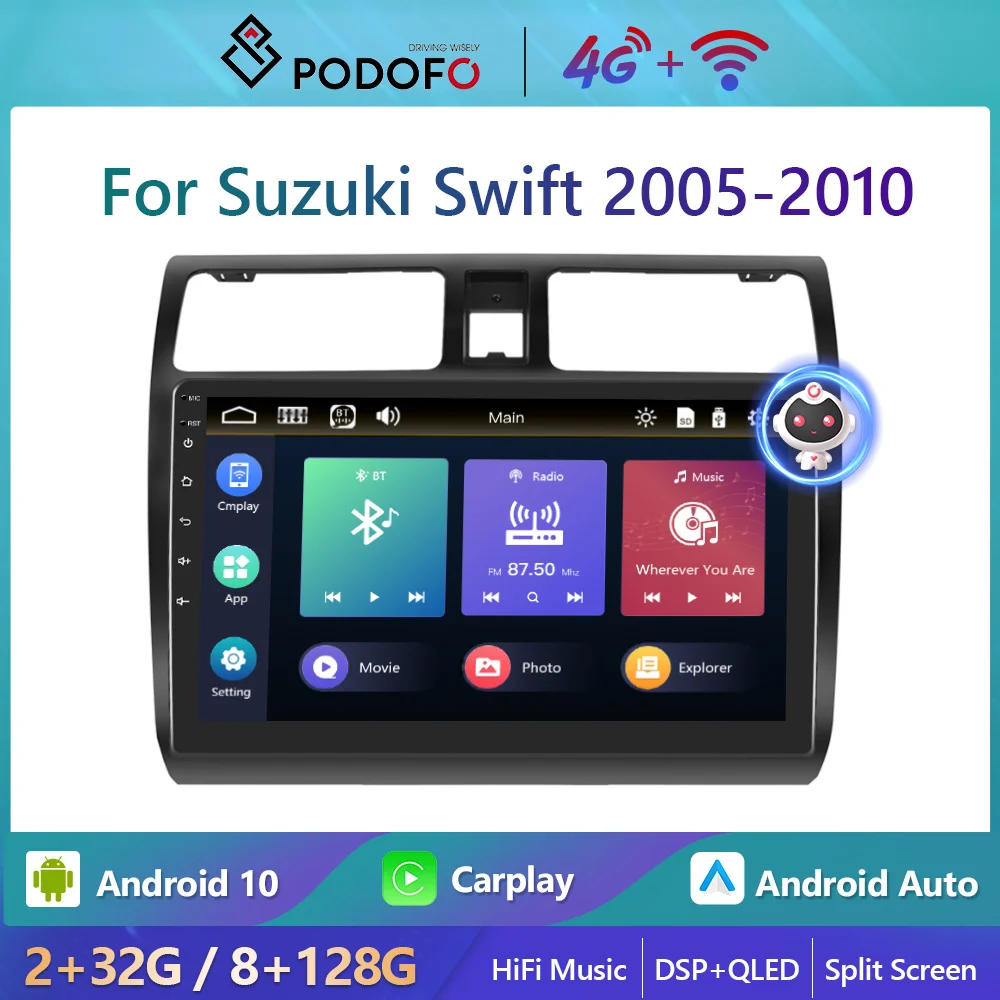 Podofo Android 8 + 128 г Автомобилен Радиоприемник За Suzuki Swift 2005-2010 Авторадио Carplay GPS Навигация 4G WIFI Стерео музикален Плейър AI Глас HiFi Изображение 0