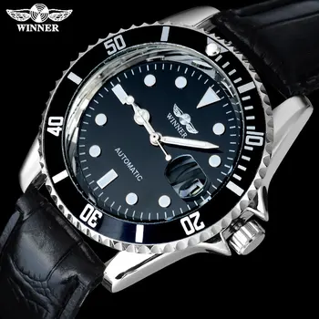 2018 ПОБЕДИТЕЛ популярната марка за мъжки луксозни автоматични часовници за самостоятелно ликвидация творчески корпус черен циферблат мъжка кожена каишка Relogio masculino