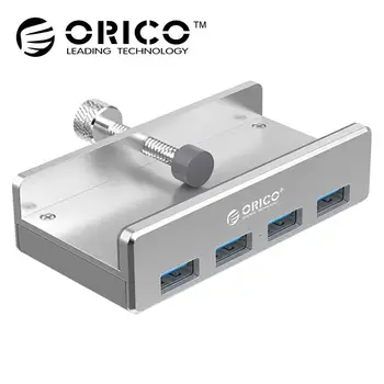 ORICO MH4PU Алуминиев, 4-портов хъб USB 3.0 със скоба за вашия десктоп на лаптопа с клипс 10-32 мм, с кабел за датата на 150 см - Сребърен
