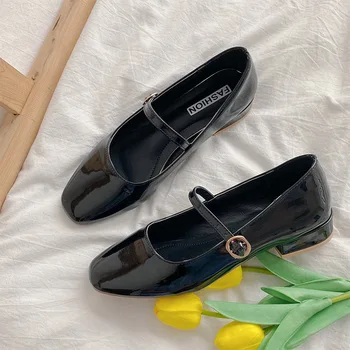 Pmwrun/2022 г. Демисезонные женски обувки Mary Janes от лачена кожа на нисък ток Модела обувки с Квадратни пръсти и каишка с катарама