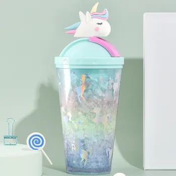 Rainbow Unicorn Чаша За Вода Сладко Творчески Години Чаша С Натрошен Лед Двойно Охлаждане Сламени Цветни Пластмасови Чаши Питейни Подаръци