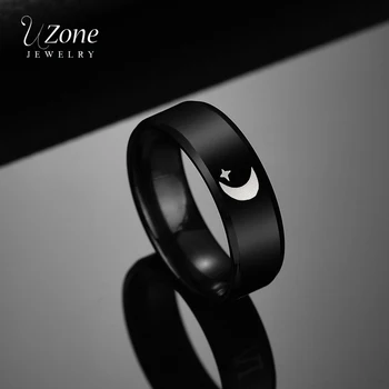 uZone 8 мм, Черен Цвят, на Луната Звезда Лого Пръстен Мохамед Мюсюлмански Ислямски Арабски Годежни Пръстени Ring Религиозни Бижута За Мъже Жени