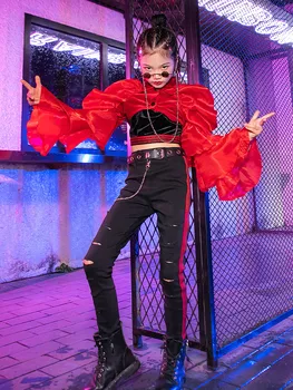 ZZL Градски Танцов костюм за момичета, K-POP С Костюм, Детски Модни дрехи за джаз танци, 3 предмет, червен и черен Костюм, дрехи за модния Подиум