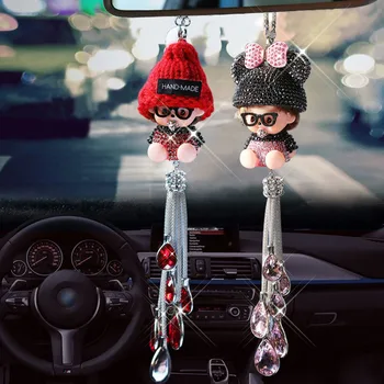 Автомобилна окачване скъпа модна кукла с кристалалми и кристали огледало за обратно виждане автомобили окачване авто орнамент за украса на колата