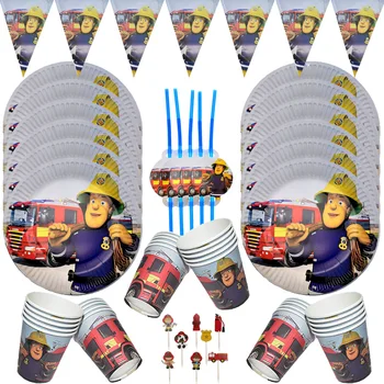 коледен пожарникар сам детски душ вечерни украса на съдове за еднократна употреба чиния с хартиена кърпа слама набор от детски рожден ден вечерни аксесоари