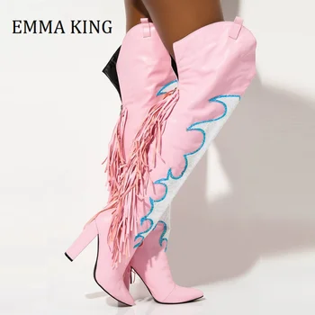 Нови Дамски Розови Високи ботуши над коляното с пискюли в западен стил, дълги Ботильоны-ковбойки с остри Пръсти, Пикантен дамски зимни обувки на Висок ток, 2020 г.