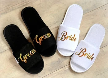 Персонални ролята на Сватбени Чехли Slippers Булката Чехли Младоженеца потребителски Златни Блестящи обувки С Принтом Черни чехли