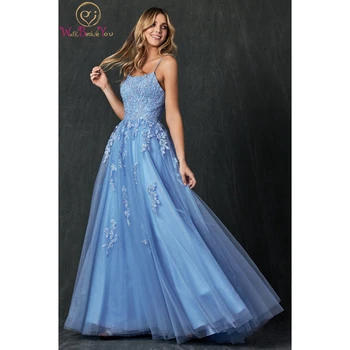Синя рокля за бала дантела апликация от мъниста дълги дължина на пода тюл спагети каишка линия, елегантни вечерни рокли на партията на жените на поръчка